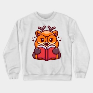 Cute deer reading book cartoon Crewneck Sweatshirt